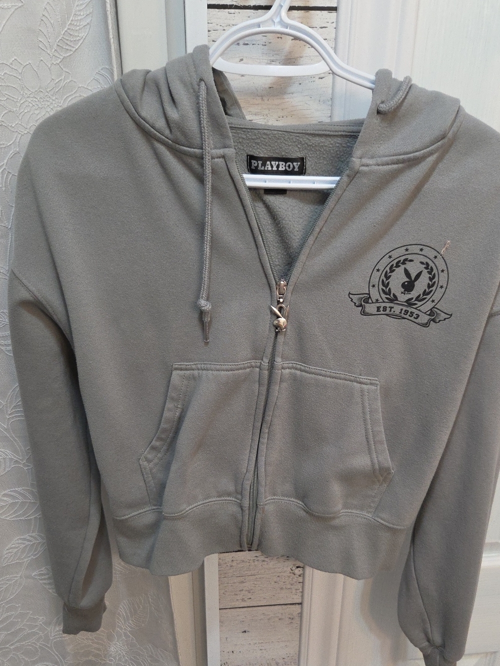 PLAYBOY Army Green Cropped Zip Hoodie with Emblem